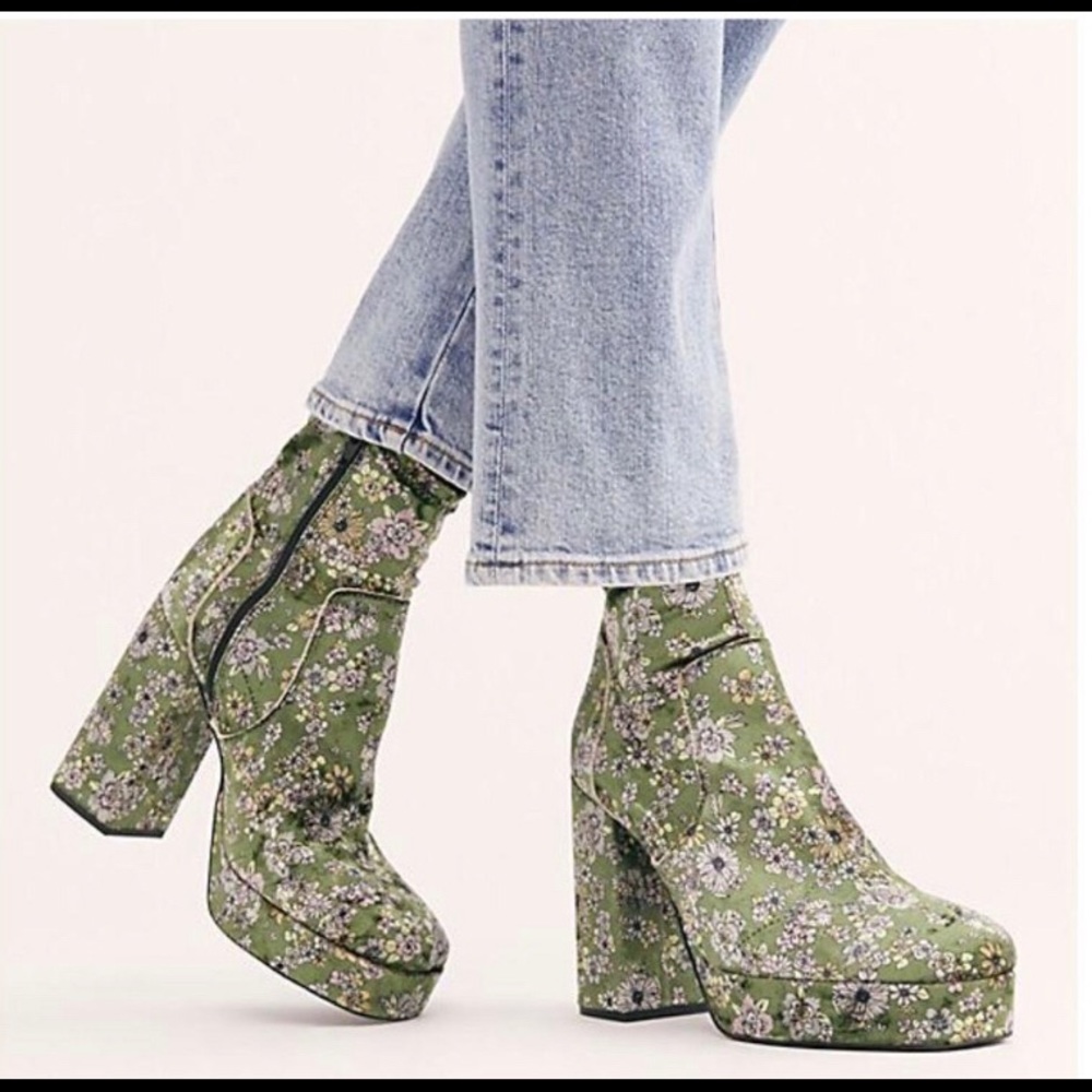 Free People Green Floral Platform Heeled Boots